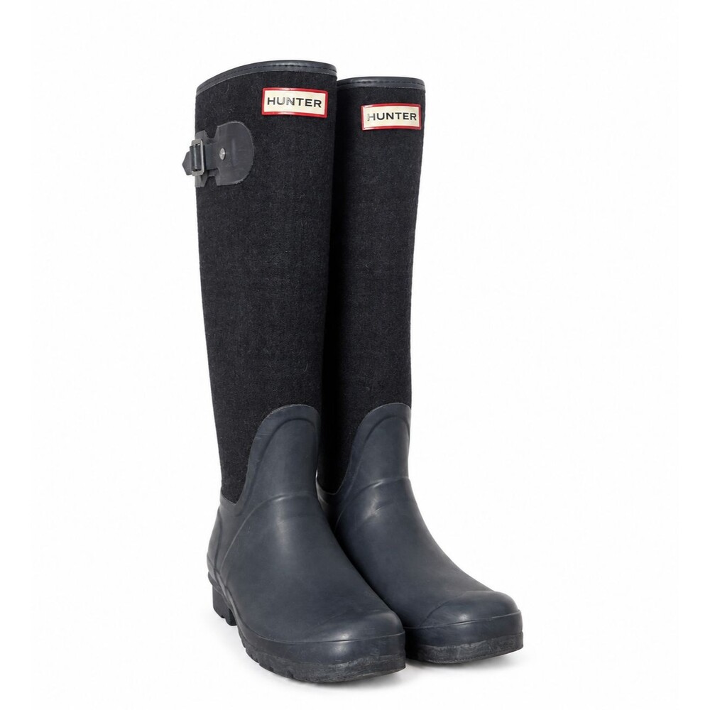 Hunter Navy Wool Felt Tall Rain Boots Womens 8 EU 39 Winter Preppy